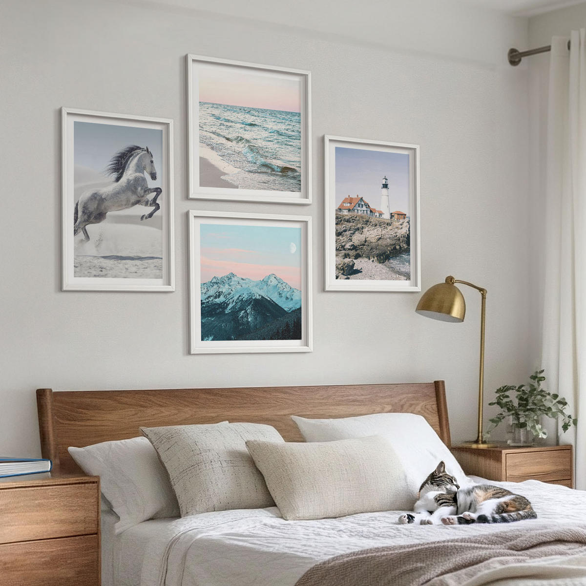WANDBILDER 4er-Set - 50x50 cm & 40x60 cm Weißer Rahmen - Pferde, Bewegung, Strand, Leuchtturm, Berge - Weiß, Kunststoff (50/50cm) - ArtPrintCave