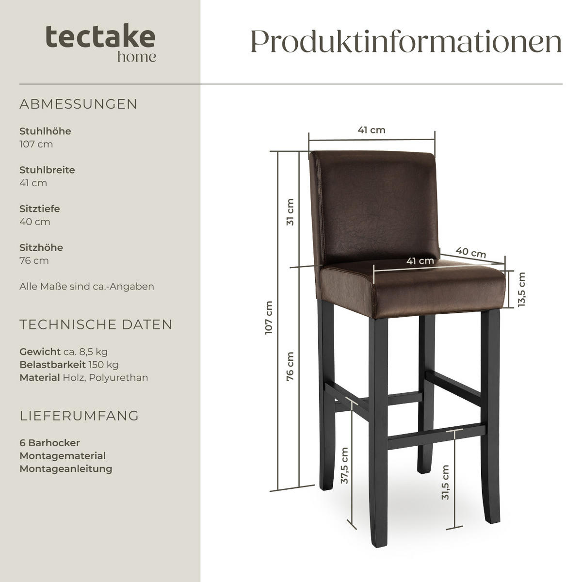 BARHOCKER 6er Set Kunstleder, Sitzhöhe 76 cm,antikbraun - Braun, Leder/Holz (40/107/41cm) - tectake