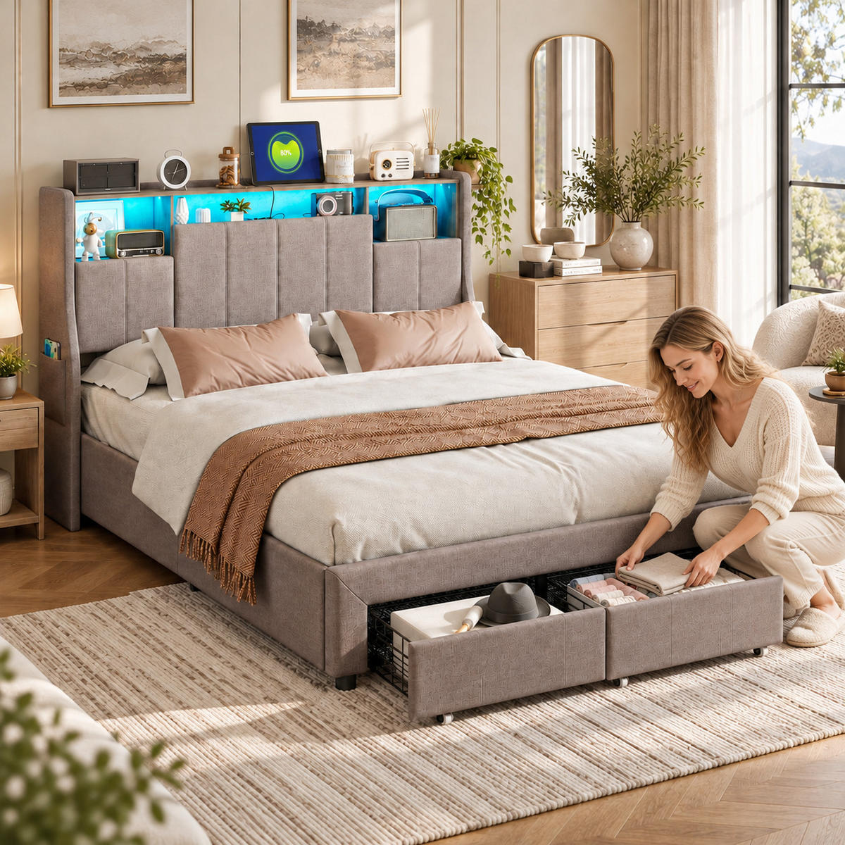 POLSTERBETT 160/200 cm mit zwei rollengeführten Schubladen am Fußende, großem Ablagekopfteil mit blauem LED-Licht & USB-Anschluss, Leinenoptik-Bezug - Grau, Holz/Metall (160/200cm) - Joyfair