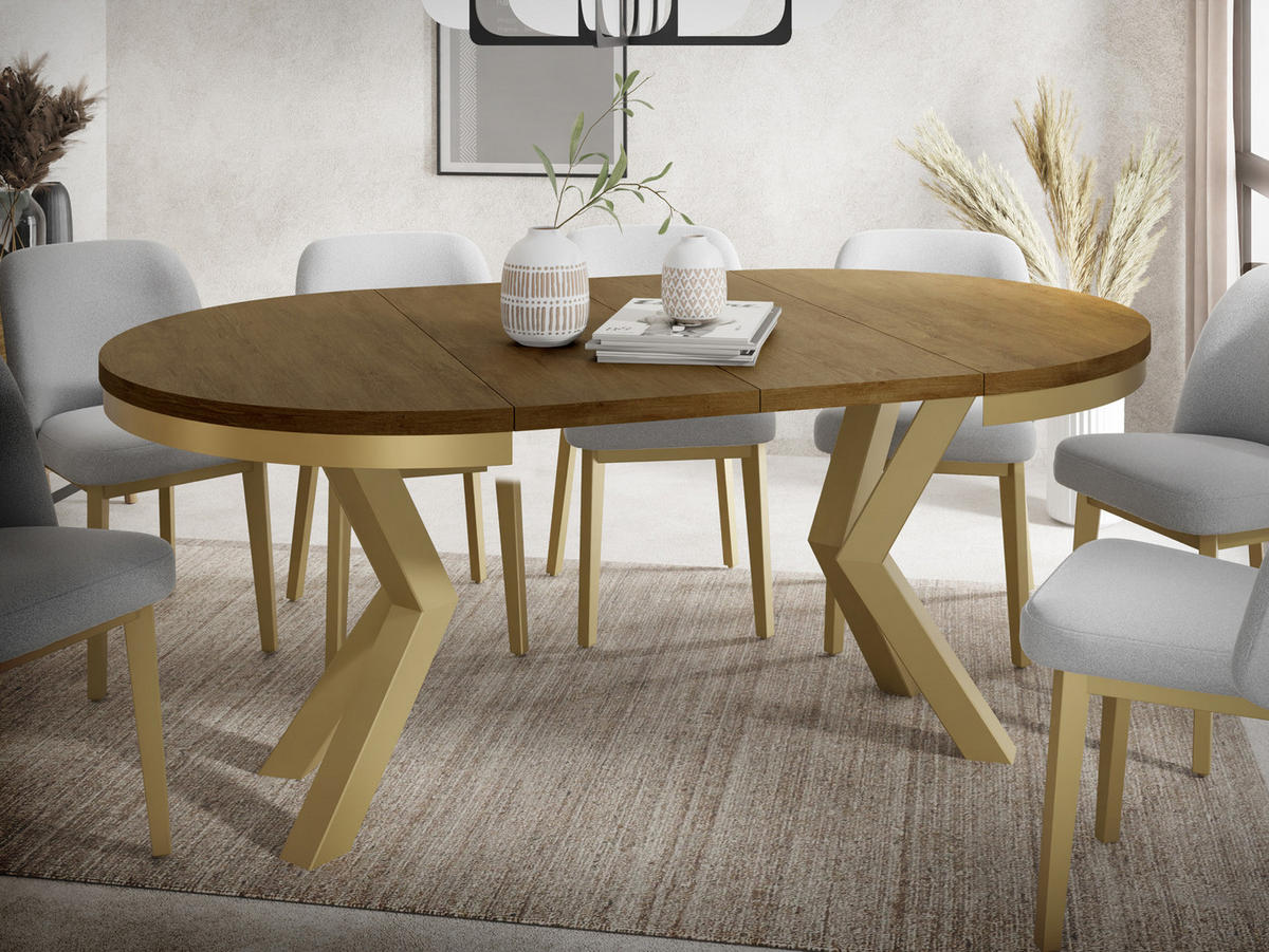 ESSTISCH Clara Gold runder ausziehbarer, Lefkas Eiche 120-200/120/76 cm - Alteiche/Goldfarben, Holzwerkstoff/Metall (120/120/76cm) - WFL GROUP