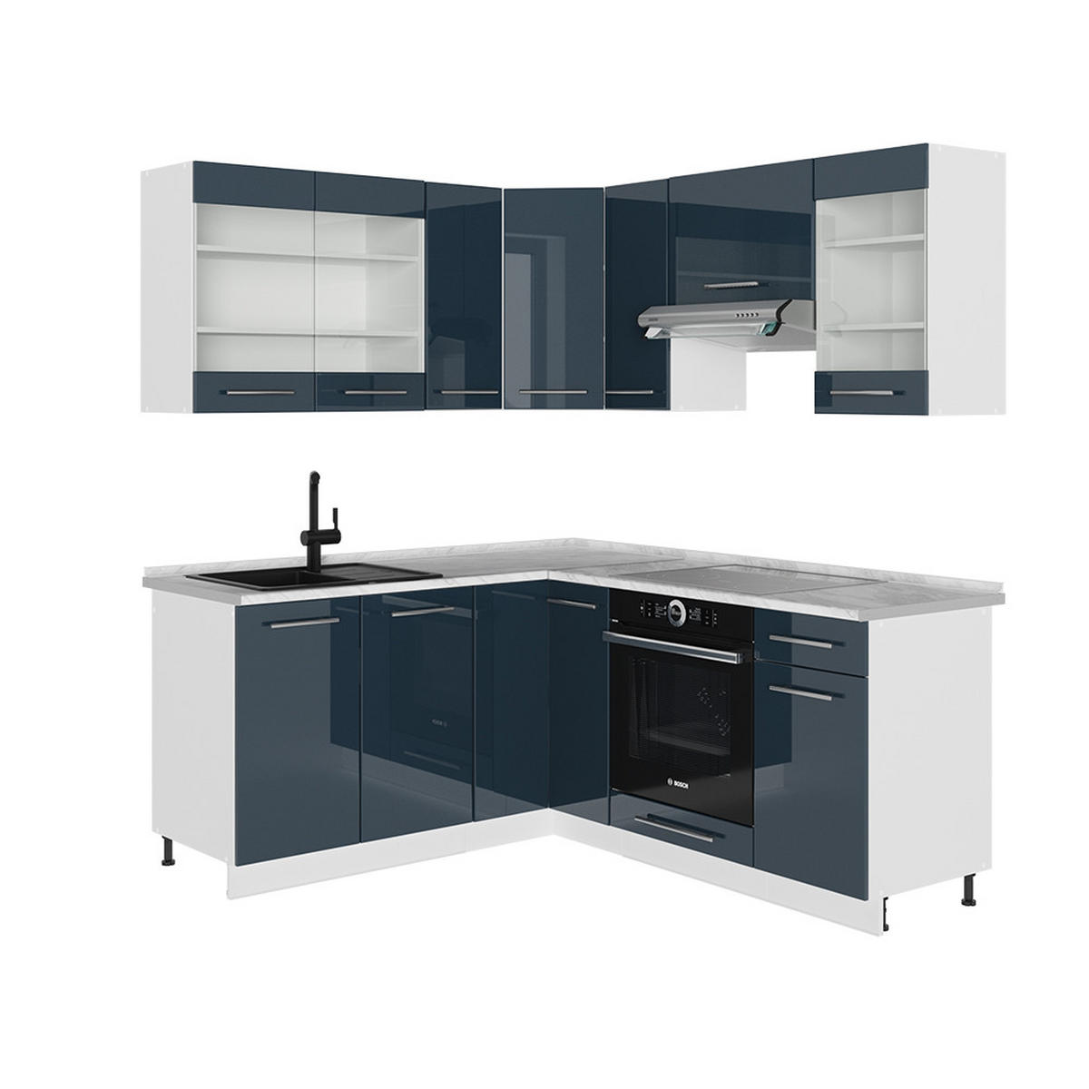 ECKKÜCHE Fame-Line Dunkelblau Hochglanz/Weiß 160 x 60 cm ohne AP - Dunkelblau/Weiß, Holzwerkstoff (190/81.6/46cm) - Vicco