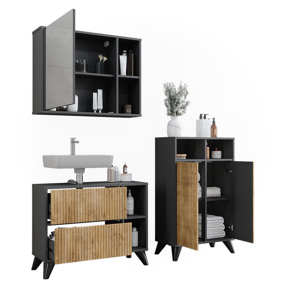 BADMÖBEL-SET Leano Anthrazit/Bergeiche 80 cm, Set 2 - Eichefarben/Anthrazit, Holzwerkstoff (80/62/30cm) - Vicco