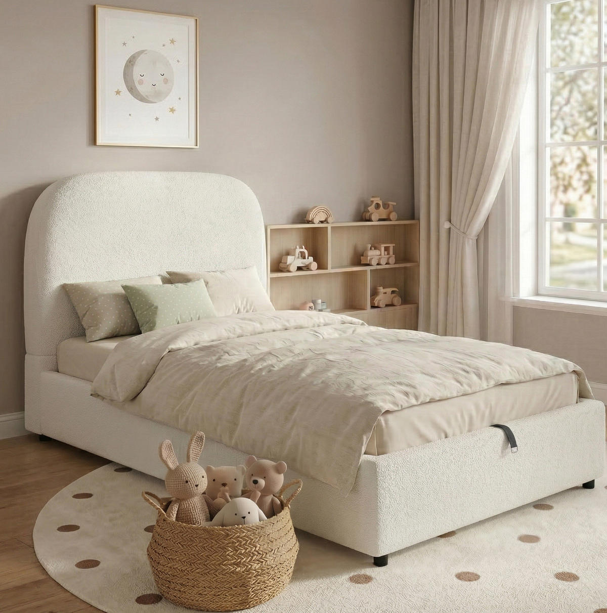 KINDERBETT 90/200 cm in Beige aus Bouclé mit Stauraum und Lattenrost - Beige, Holzwerkstoff (90/200cm) - Flora Grace