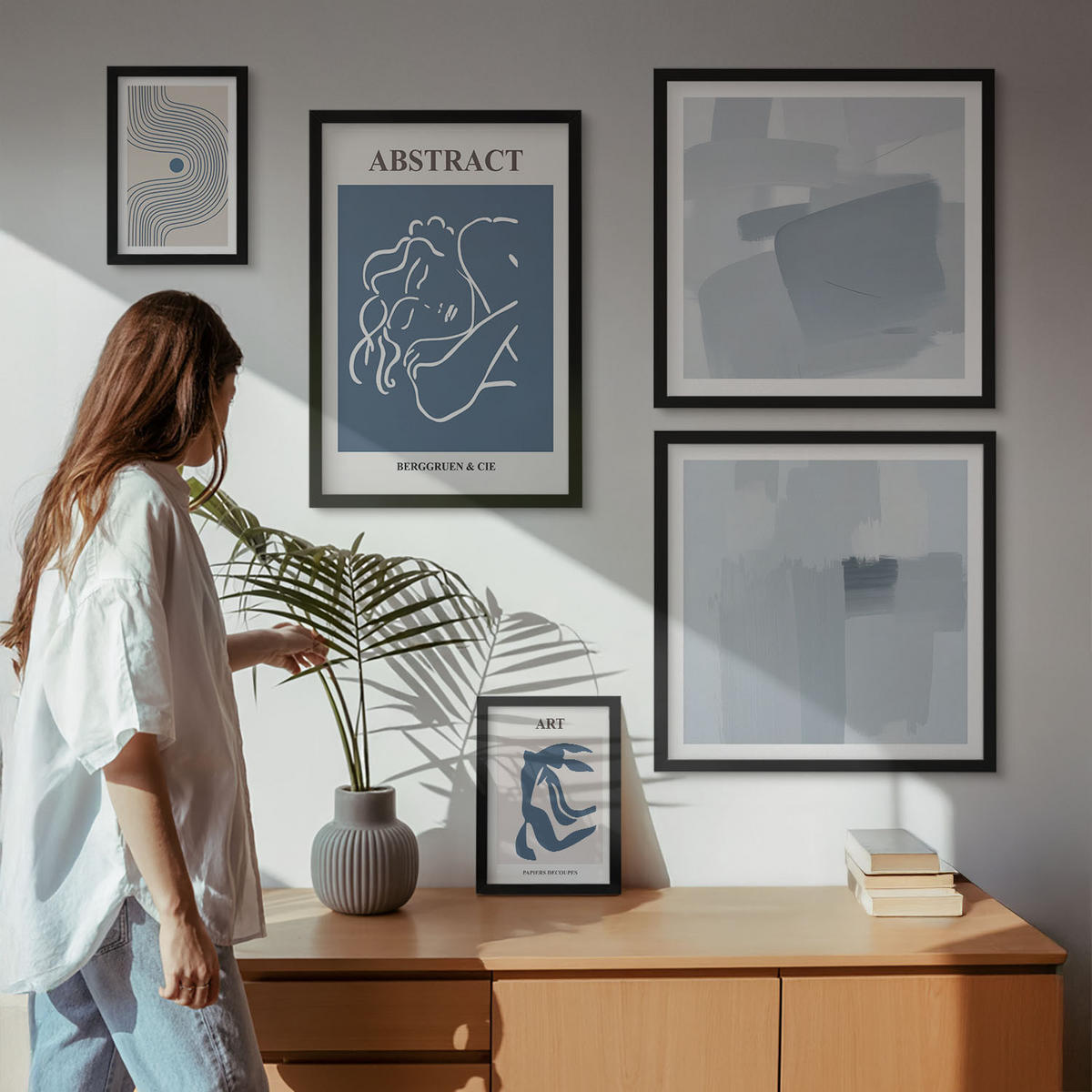 WANDBILDER 5er-Set - 50x50 cm & 20x30 cm & 40x60 cm Schwarzer Rahmen - Poster mit abstrakten Linien und Wellen - Schwarz, Kunststoff (40/60cm) - ArtPrintCave