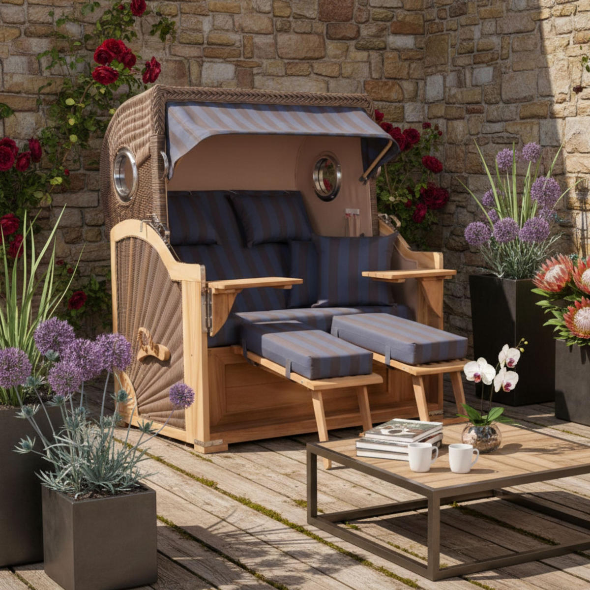 STRANDKORB Baltikum Teak 2,5 Sitzer - Braun/Grau, Holz/Metall (142/170/95cm) - Mr. Deko