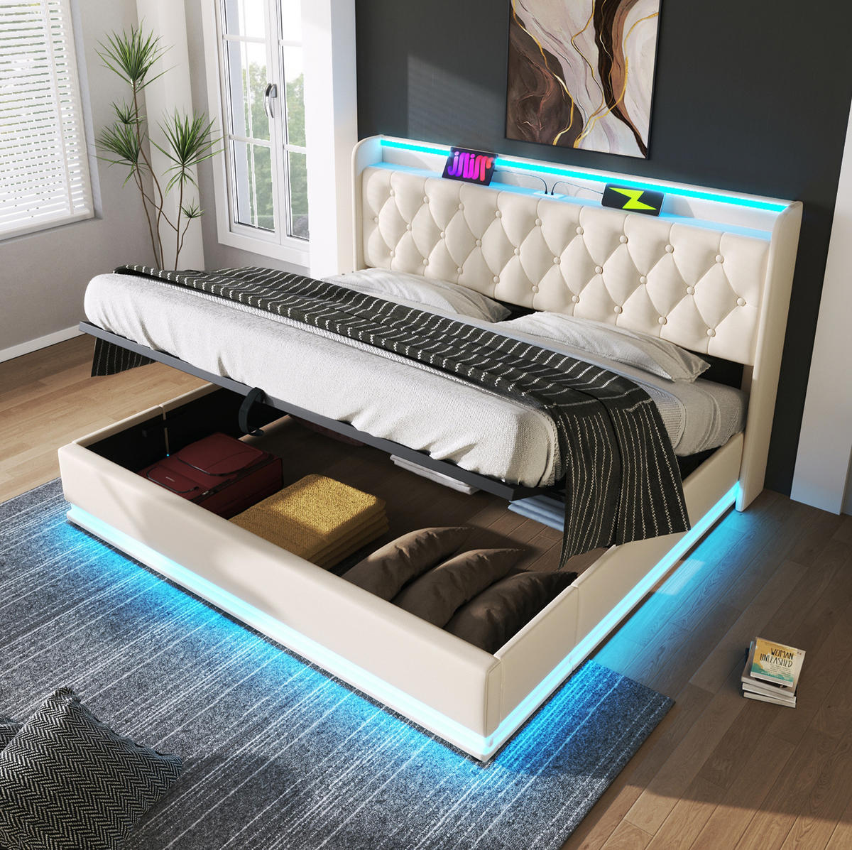 POLSTERBETT mit LED-Beleuchtung 180/200 cm mit Bettkasten & USB-C, Weiß - Weiß, Kunststoff (180/200cm) - BEAOK