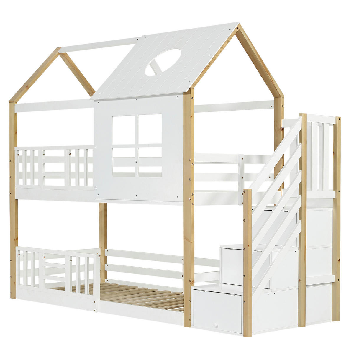 ETAGENBETT aus Kiefer und MDF 90x200 cm Weiß/Natur mit Aufbewahrungstreppe, Fallschutzgitter, Dach und Fenstern - Weiß, Holzwerkstoff (90/200cm) - Modfu