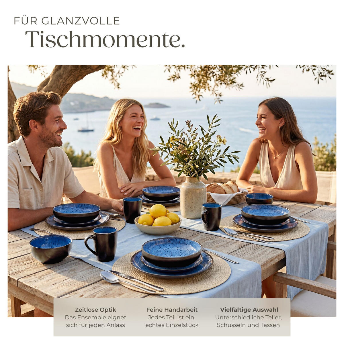 KOMBISERVICE Mare, ineinander stapelbar, blau - Blau, Keramik (26.5/2.5/26.5cm) - tectake