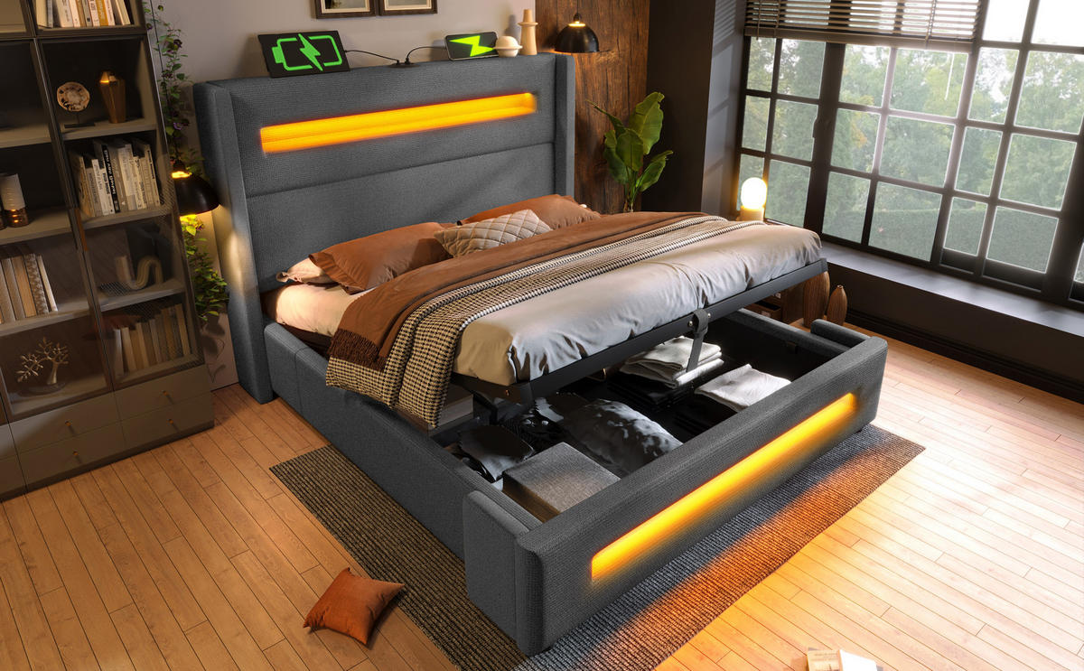 POLSTERBETT 160x200cm mit LED Beleuchtung und Stauraum - Grau, Holzwerkstoff/Textil - Urban Meuble