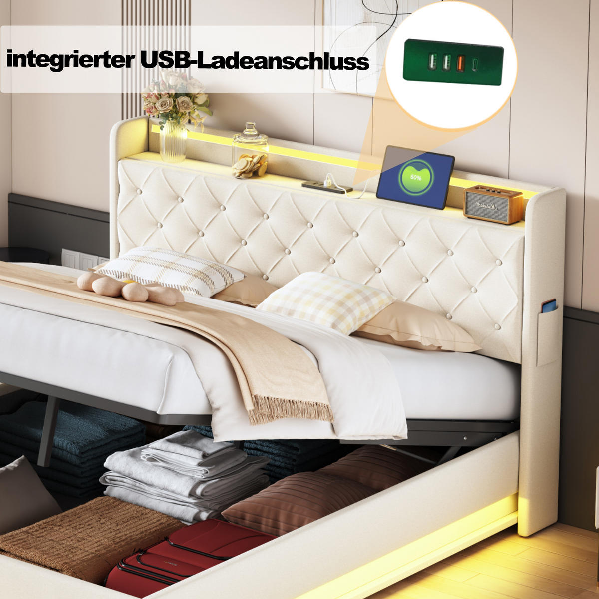 POLSTERBETT 160/200 cm in Beige Leinen mit Bettkasten, LED und USB - Beige, Holzwerkstoff/Textil (160/200cm) - WISHDOR