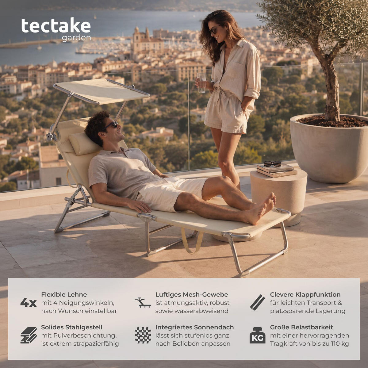 SONNENLIEGE 2er Set Chloé, 190 x 68 x 111 cm, beige - Beige, Kunststoff (68/65/190cm) - tectake