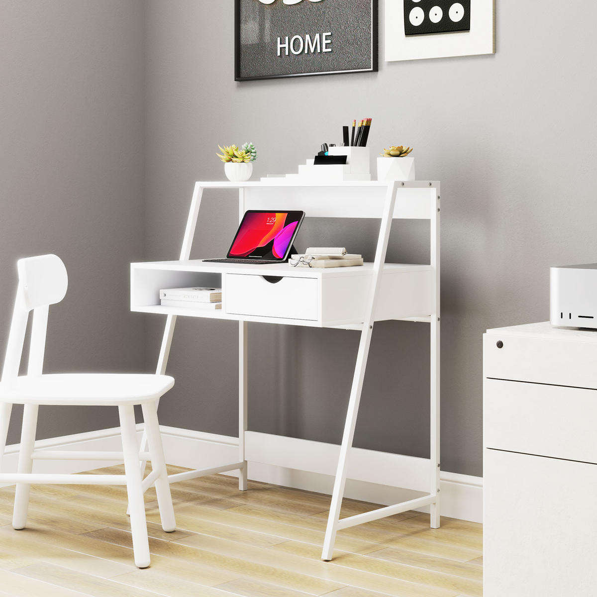 SEKRETÄR SCHREIBTISCH Weiß mit Schublade und Regal 80/50/100 cm - Weiß, Holzwerkstoff (50/80/100cm) - PANGIVO