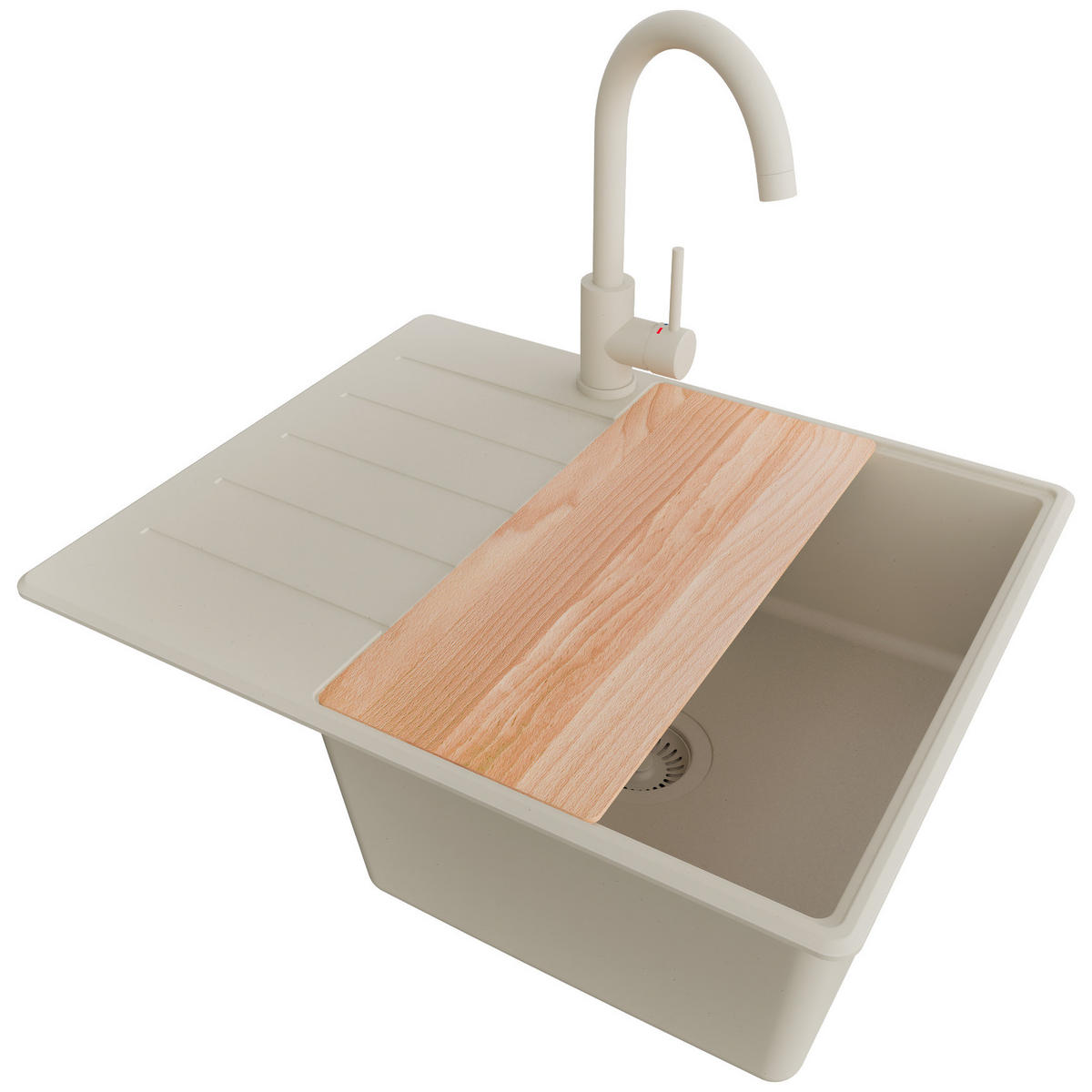 GRANITSPÜLE Kopenhagen, 2-er set Beige 62/50 cm 1 Becken + Küchenarmatur 32/20 cm + Ablauf-Set + Schneidebrett ab 45er Unterschrank - Beige, Kunststoff (62/20/50cm) - Primagran