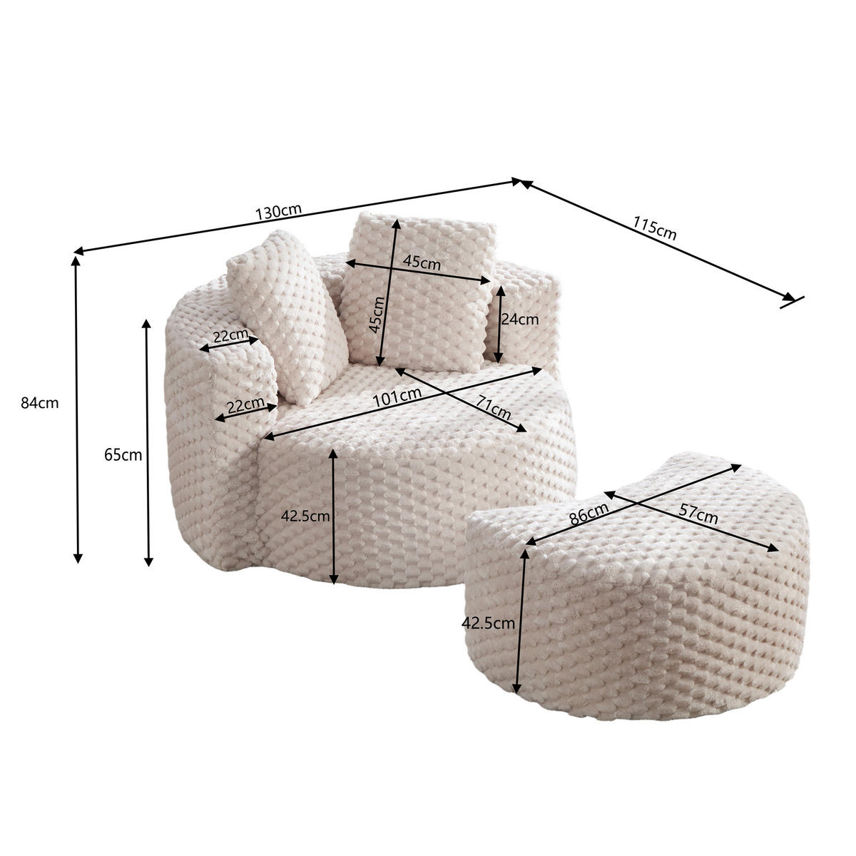 LOUNGESESSEL Mit Hocker Übergroß Rund Komprimiert Ohne Montage - Beige, Textil (129/65/116cm) - Urban Meuble