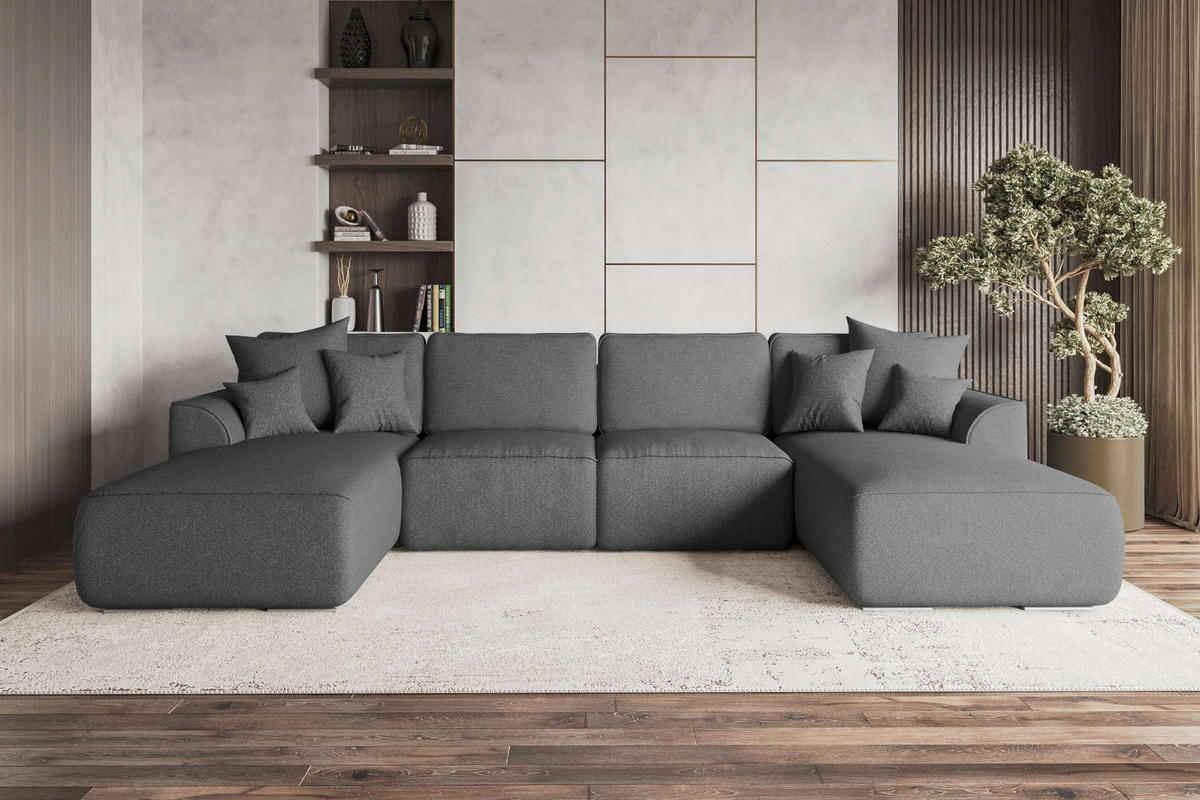 WOHNLANDSCHAFT GUSTO Strukturstoff Anthrazit inkl. Schlaffunktion - Chromfarben/Anthrazit, Kunststoff/Textil (306/96/194cm) - 99rooms