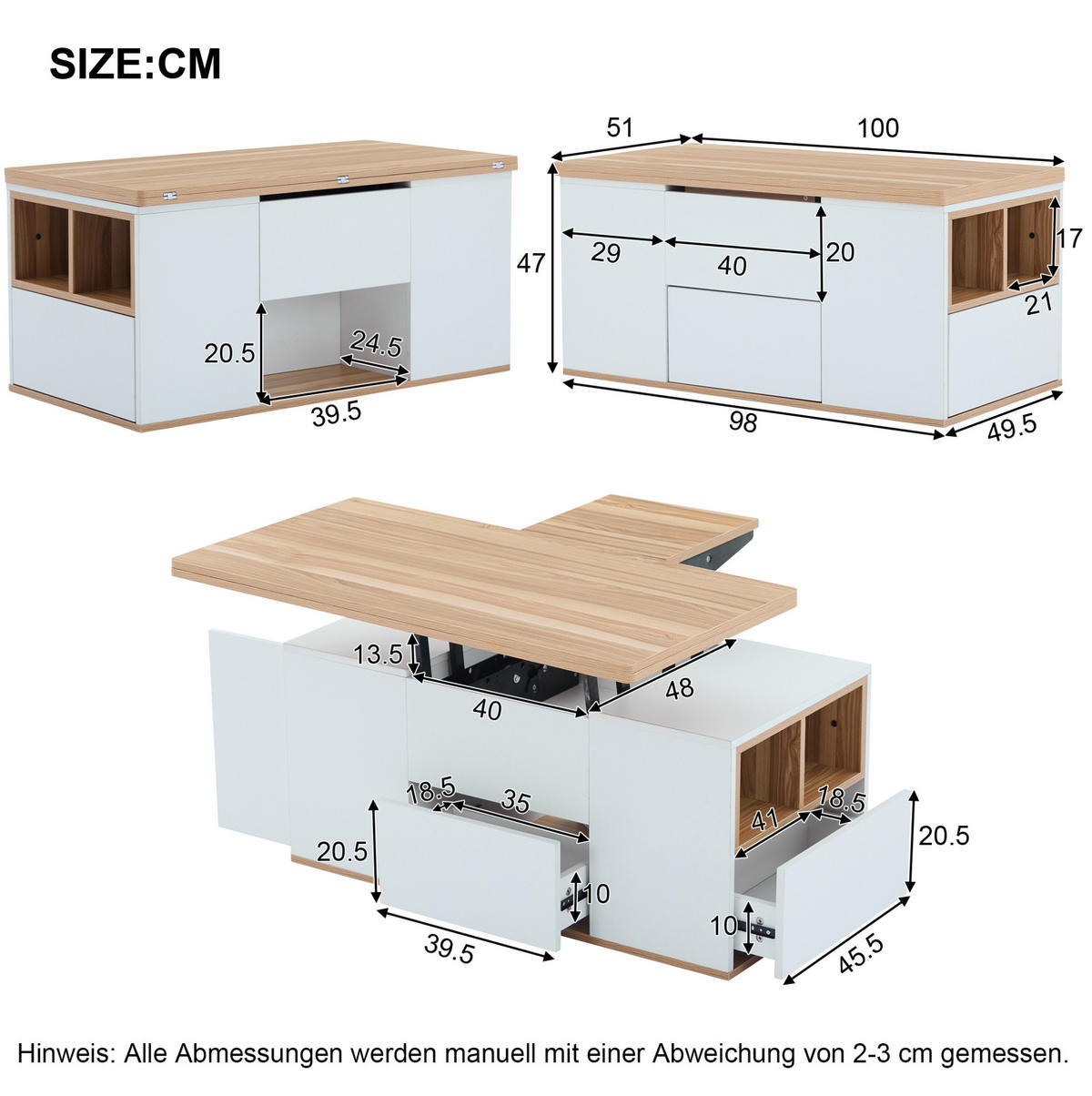 COUCHTISCH aus Spanplatte 100x51x47 cm in Weiß mit höhenverstellbarer Tischplatte - Weiß, Holzwerkstoff (100/51/47cm) - Modfu