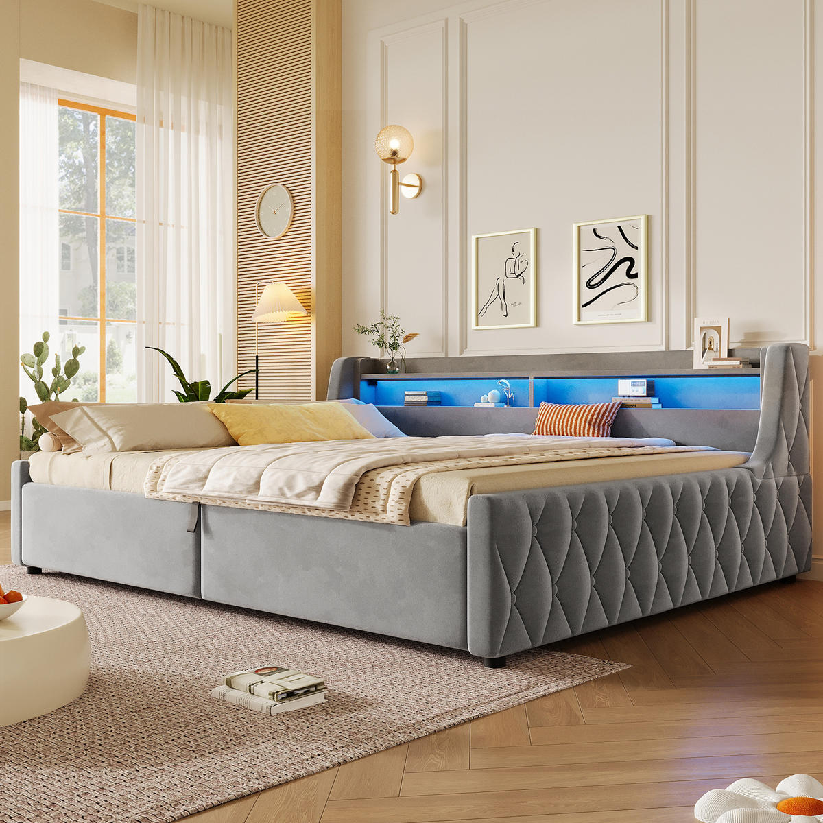 POLSTERBETT 140/200 cm in Grau Flanell mit Bettkasten und LED - Grau, Holzwerkstoff/Textil (140/200cm) - WISHDOR