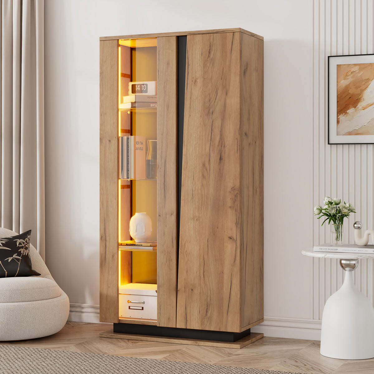 VITRINE Natur-Schwarz 80/35/160 cm - Naturfarben, Holzwerkstoff (80/160/35cm) - PANGIVO