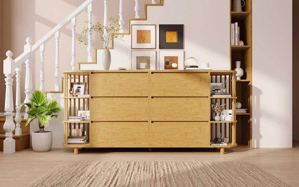 SIDEBOARD in Eiche-Optik mit 6 Schubladen, Bambusregalen und höhenverstellbaren Füßen, 160/40/75 cm,Eichefarben - Eichefarben, Holzwerkstoff (160/75/40cm) - Redom