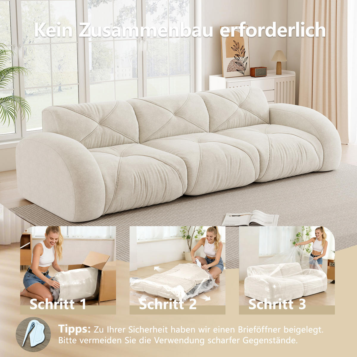3-SITZER SOFA chenille in weiß oder grün, rahmenlos & montagefrei - Weiß, Textil (281/76/95cm) - Urban Meuble