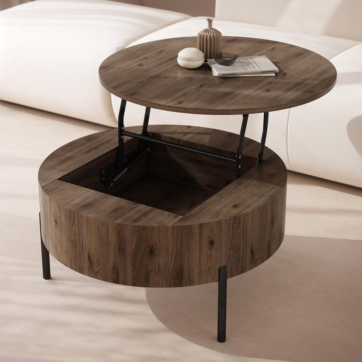 COUCHTISCH rund aufklappbar höhenverstellbar Stauraum 79/79/42 cm - Nussbaumfarben, Holzwerkstoff (79.5/79.5/42.7cm) - designimpex