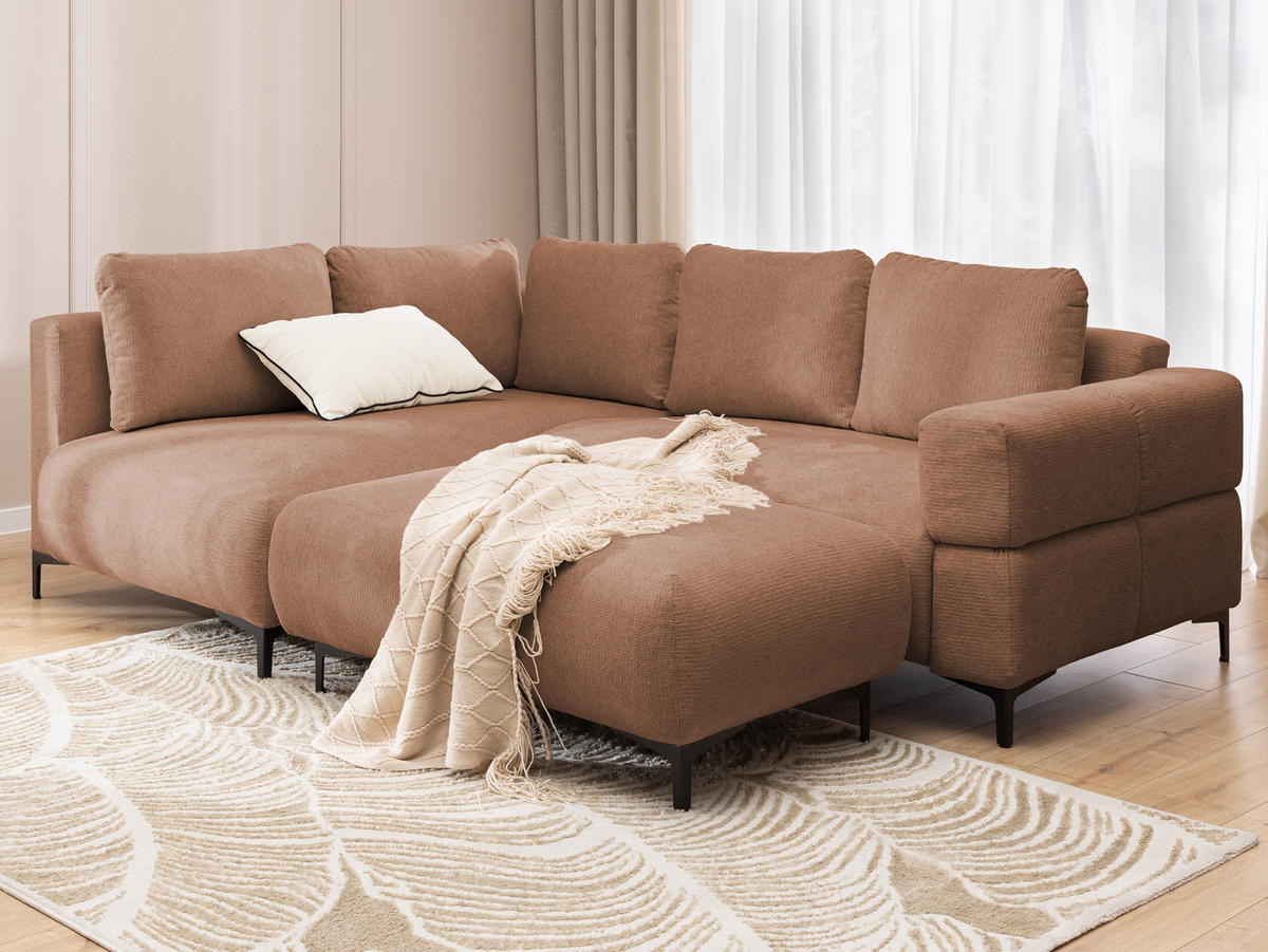 ECKSOFA inkl. Hocker Cardea mit Schlaffunktion in Bubble-Optik aus weichem Terrakotta Strukturstoff und hohem Sitzkomfort - Ottomane links - Terracotta/Schwarz, Holz/Textil (170/230cm) - S-Style Möbel