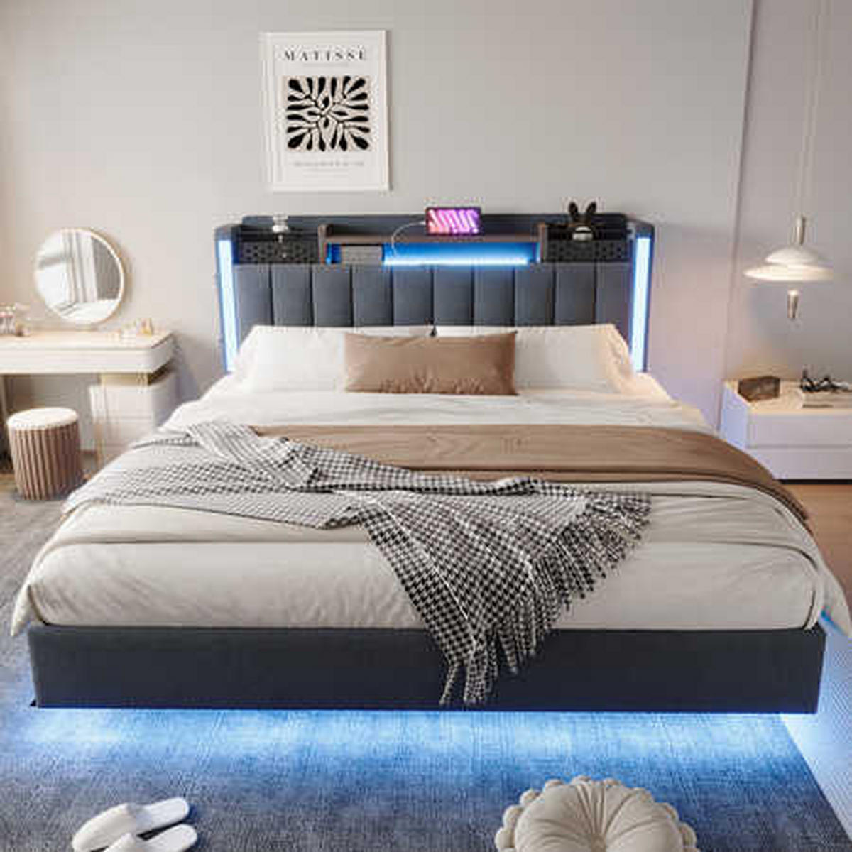 POLSTERBETT 160x200 Grau Leinen LED Stauraum - Grau, Textil (160/200cm) - FLIEKS