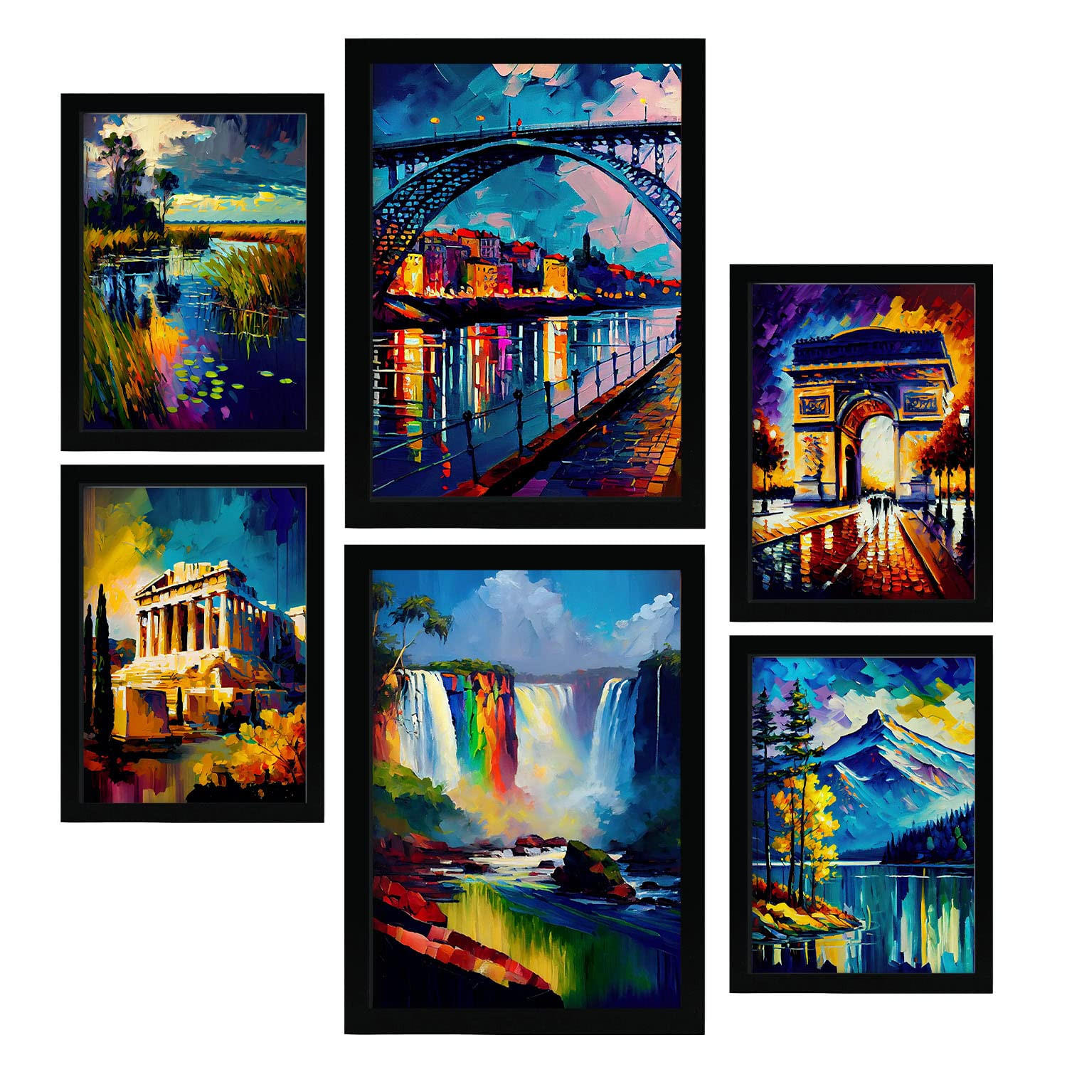 POSTER Set Mit 6 Regenbogen Im Ölgemälde Stil A3 & A4 Schwarzer Rahmen - Schwarz, Papier (29/3cm) - Nacnic