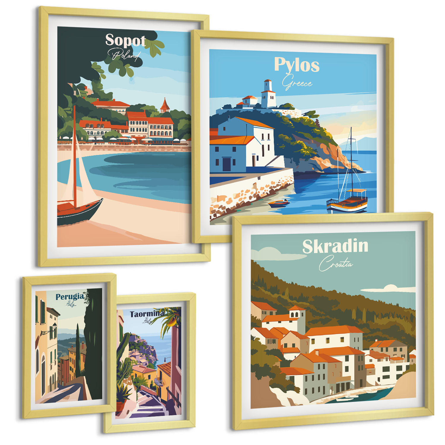 BILDER SET 5er Set - 50x50 cm & 20x30 cm & 40x60 cm Goldrahmen - Retro-Landschaften im malerischen Stil - Goldfarben, Kunststoff (40/60cm) - TULUP