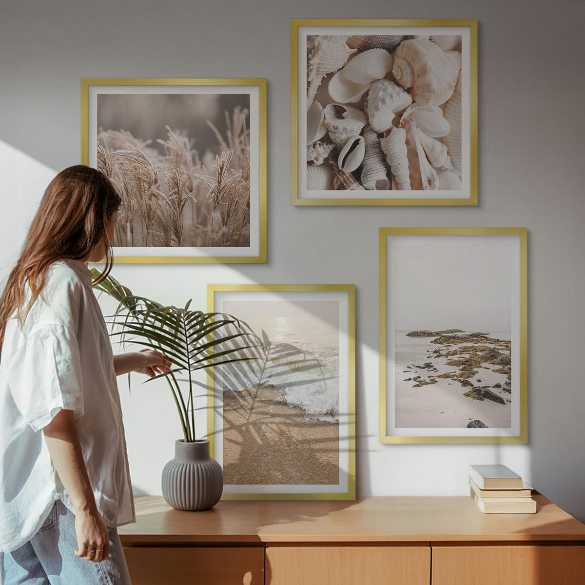 WANDBILDER 4er Set - 50x50 cm & 40x60 cm Goldrahmen - Strandgras, Wellen, Steine, Boho-Stil - Goldfarben, Kunststoff (50/50cm) - ArtPrintCave