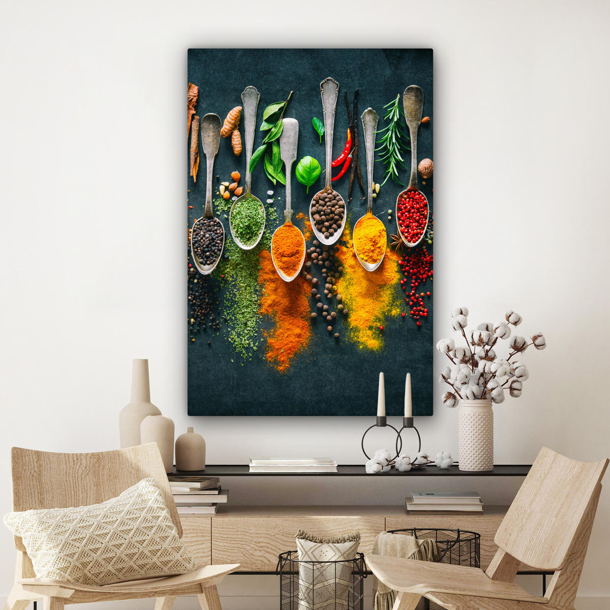 LEINWANDBILD Kräuter - Gewürze - Löffel Deko XXL 80x120 cm - Currygelb, Textil (80/120cm) - MuchoWow