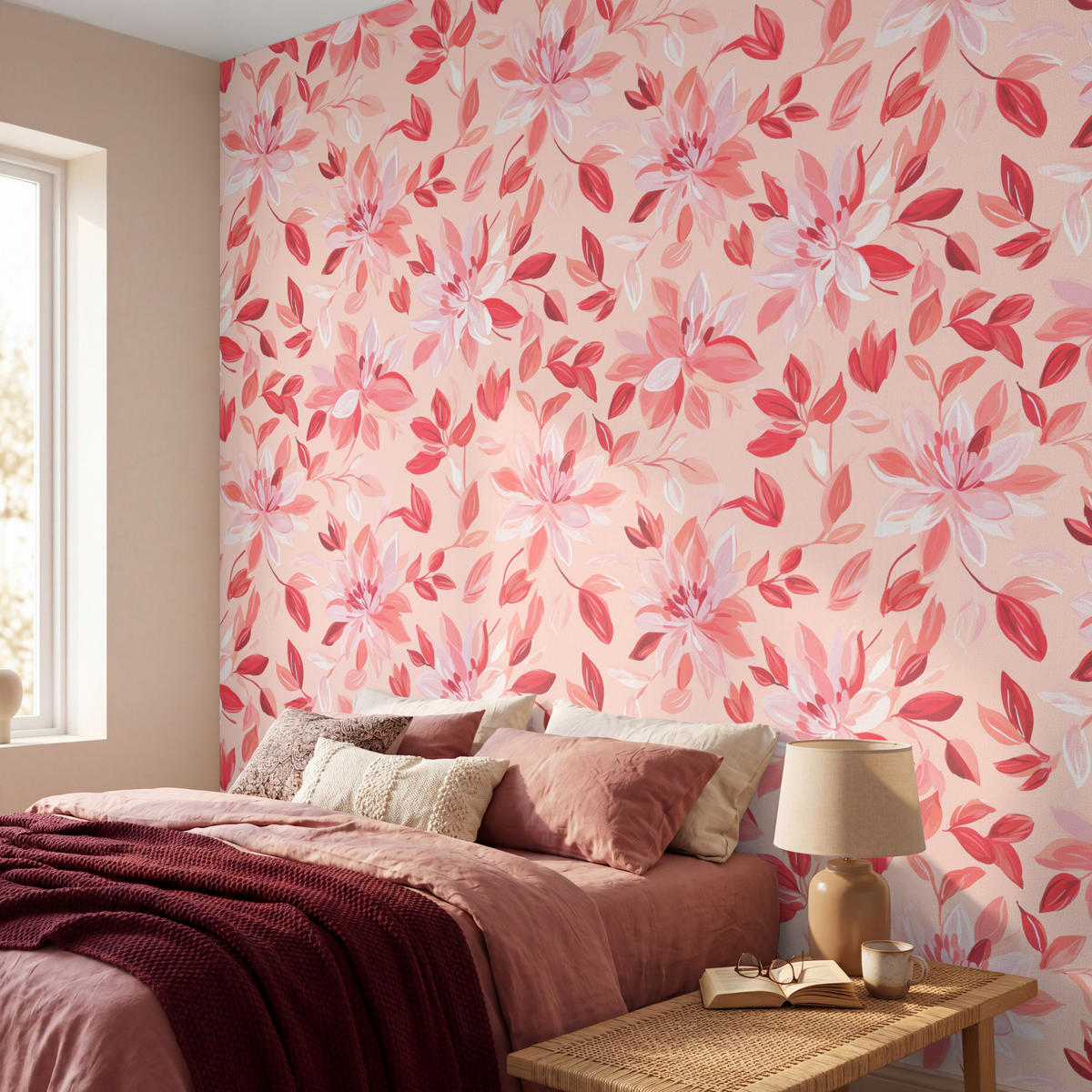 TAPETE - Botanisch - Blumen - Rot - 280x280 cm - Koralle, Papier (280/280cm) - OnlyWow