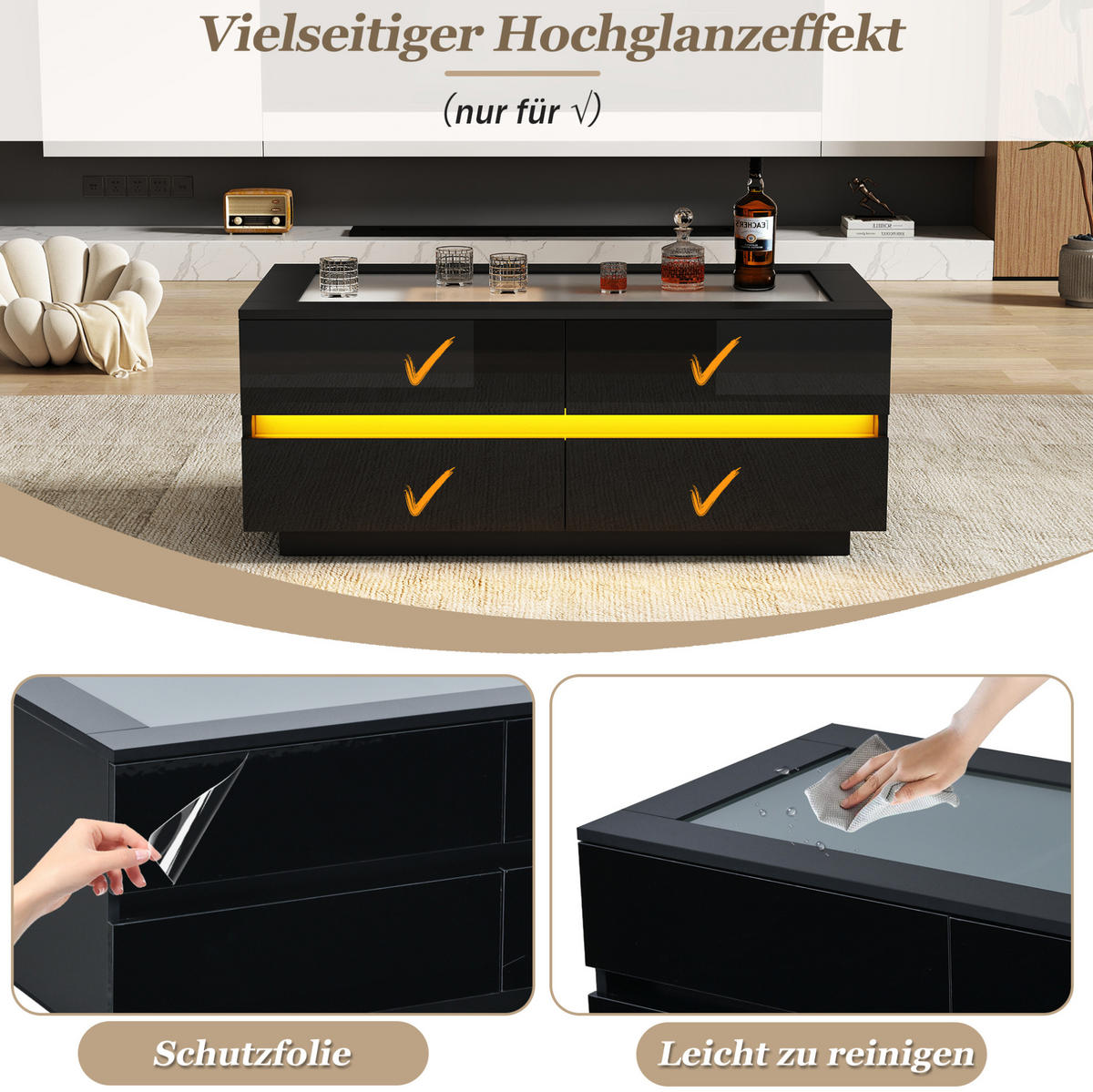 COUCHTISCH 100/50/40 cm schwarz aus Spanplatte mit 4 Schubladen und LED - Schwarz, Holzwerkstoff (50/100/40cm) - OKWISH