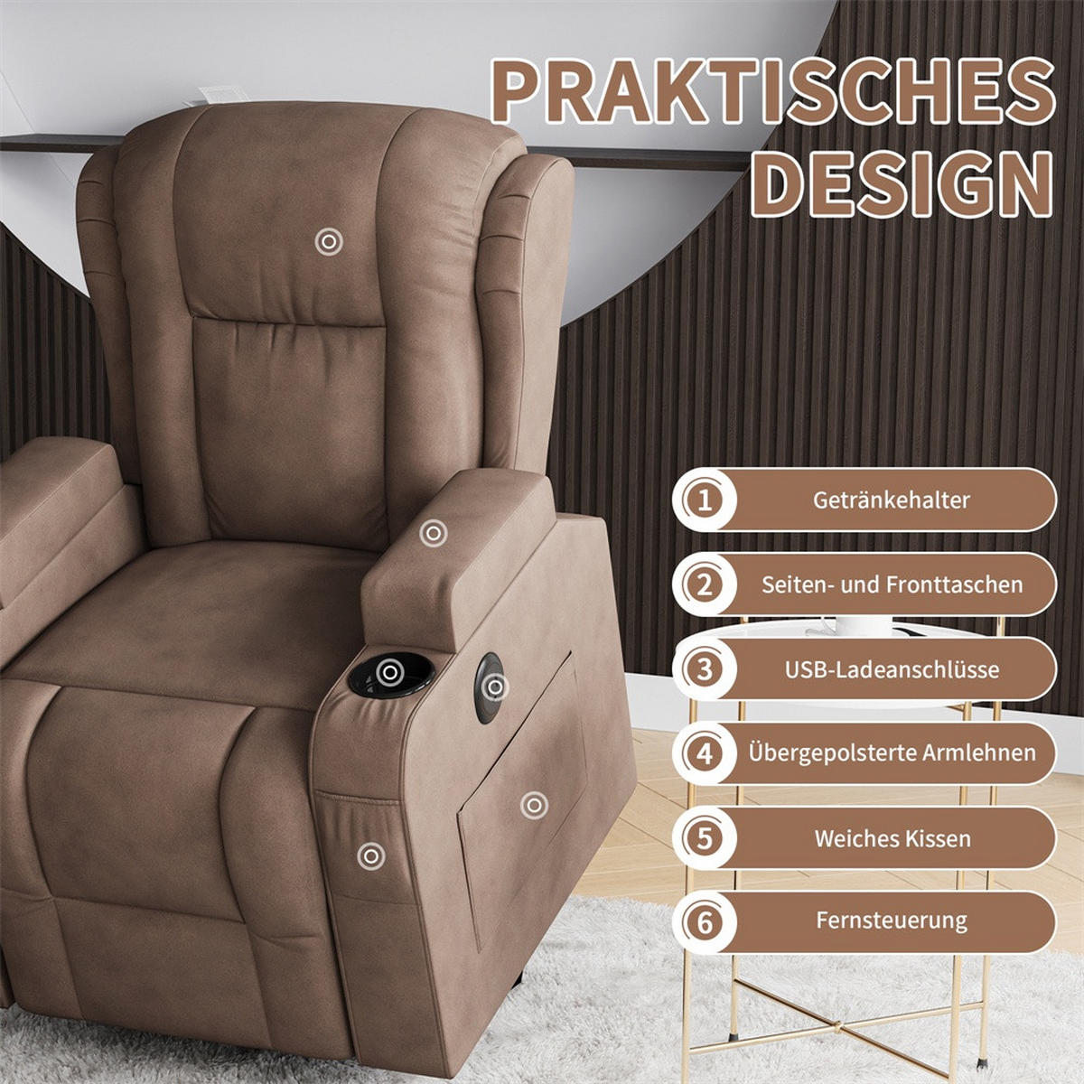 MASSAGESESSEL mit Aufstehhilfe - 8-Punkt-Massage und Heizfunktion - USB-Ladeanschluss - Braun - Braun, Textil (102/105/93cm) - DELFA