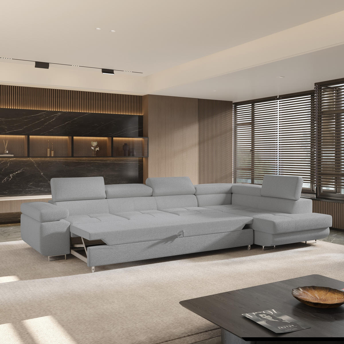 ECKSOFA VICENTE Hellgrau Boucle-Stoff mit Schlaffunktion - Hellgrau, Holz (346/202cm) - MASSENO