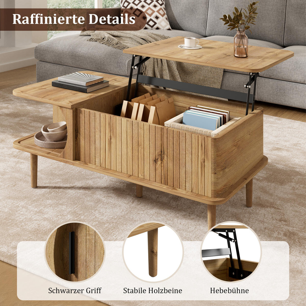 KONFERENČNÍ STOLEK Retro s výklopnou deskou, přírodní, 100 × 48 × 55,5 cm - přírodní, kompozitní dřevo (48/100/55.5cm) - Urban Meuble