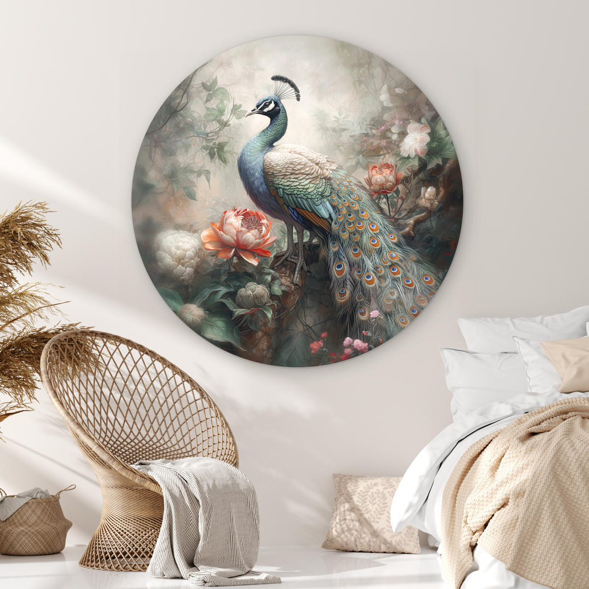 WANDBILD Pfau - Pfauenfedern - Vogel - Dschungel - Blumen Room Decor 140x140 cm - Smaragdgrün, Kunststoff (140/140cm) - MuchoWow