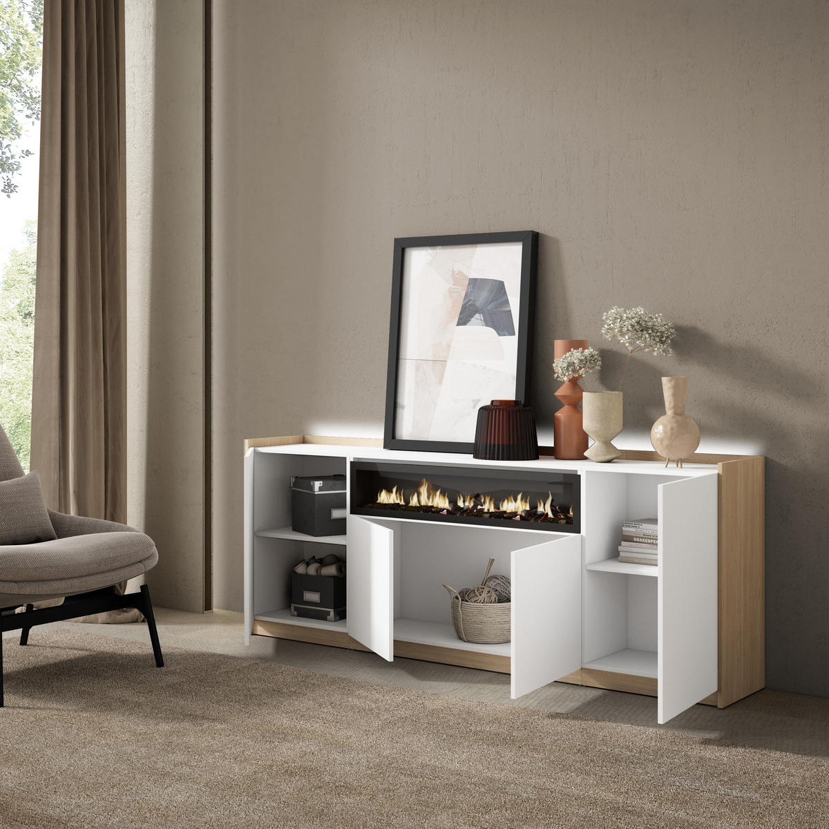 SIDEBOARD, Weiß und Eiche, 207/37/80cm, Kamin mit Feuereffekt - Weiß, Holzwerkstoff (207/80/37cm) - Skraut Home