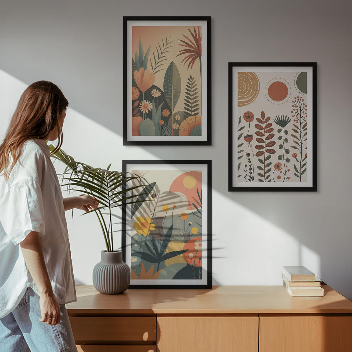 BILDER SET 3er Set - 40x60 cm Schwarzer Rahmen - Boho-Pflanzenmuster Natur - Schwarz, Kunststoff (40/60cm) - TULUP