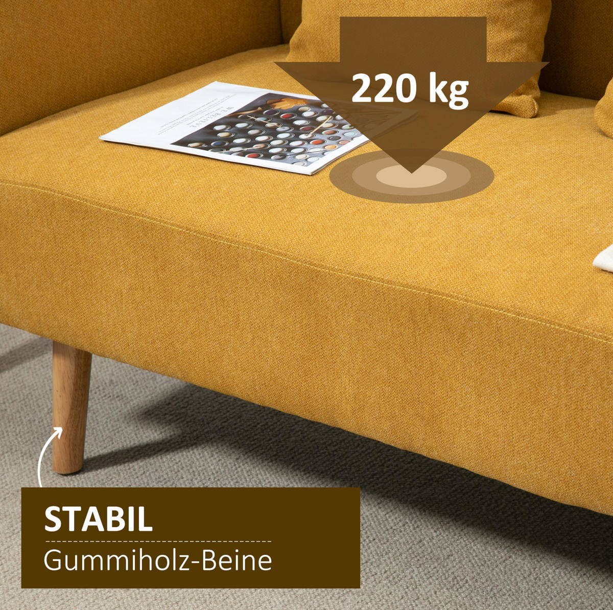 2-SITZER-SOFA aus Polyester 130x70x80 cm in Gelb mit 2 Kissen - Gelb, Textil (70/80/130cm) - Modfu
