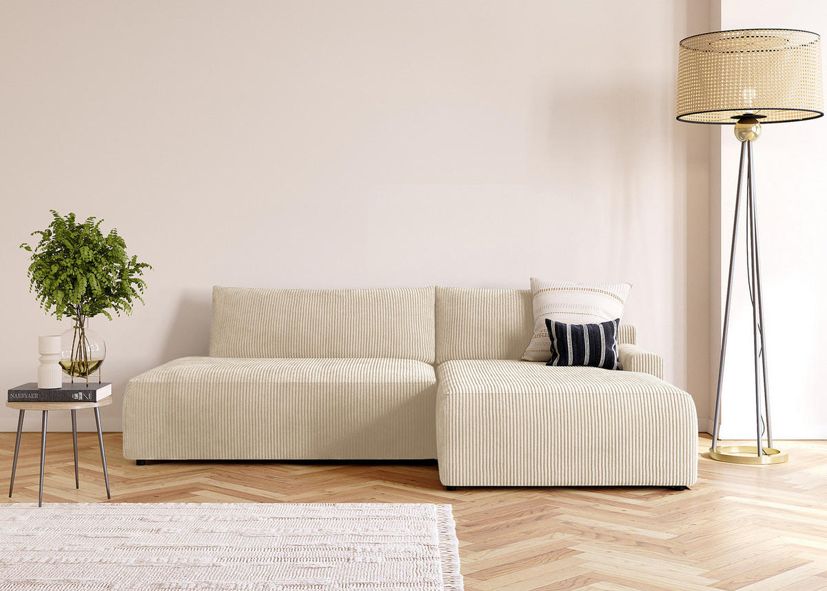 ECKSOFA mit Schlaffunktion - Longchair - Creme/Schwarz, Kunststoff/Textil (253/167cm) - home24