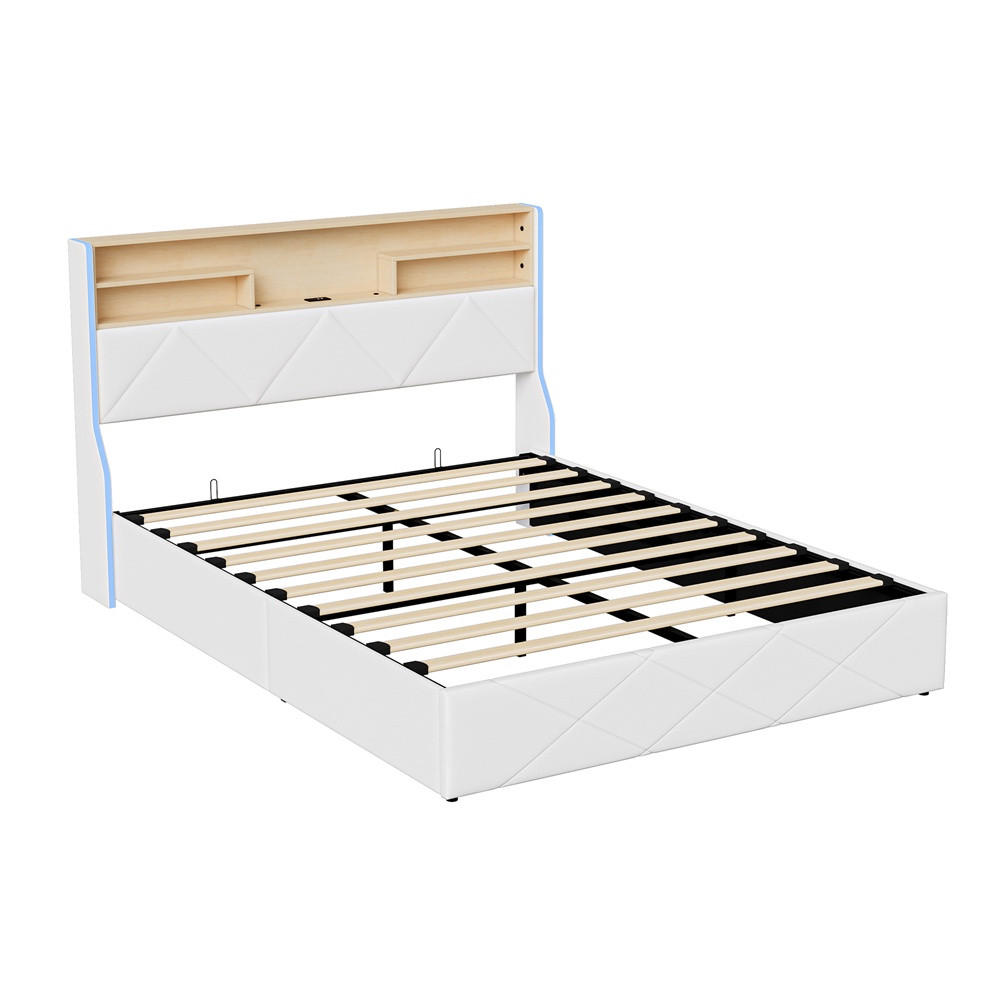 POLSTERBETT 140x200 cm mit LED-Beleuchtung - USB-Ladestation und hydraulischem Stauraum - Weiß PU-Leder - Weiß, Textil (140/200cm) - DELFA