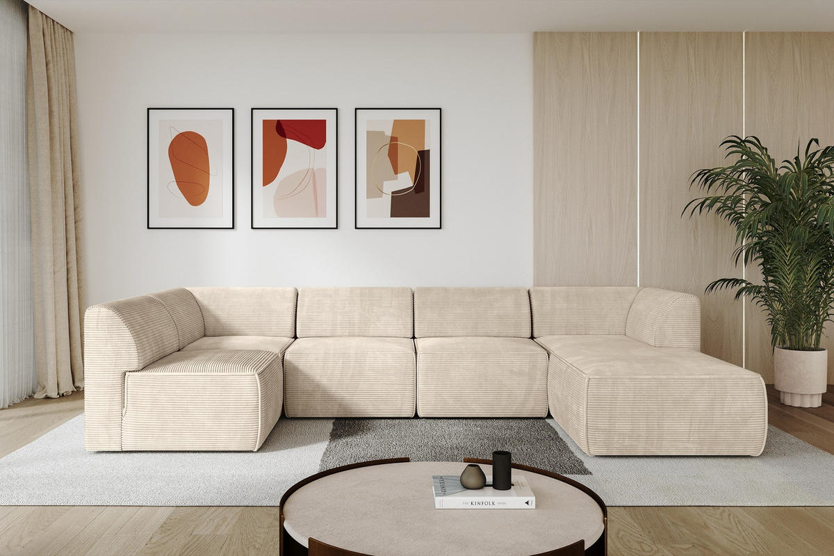 WOHNLANDSCHAFT Ottomane Rechts MOVA 345x180x78 Beige Cord - Kaschmir/Beige, Holzwerkstoff/Kunststoff (345/78/180cm) - ALTDECOR