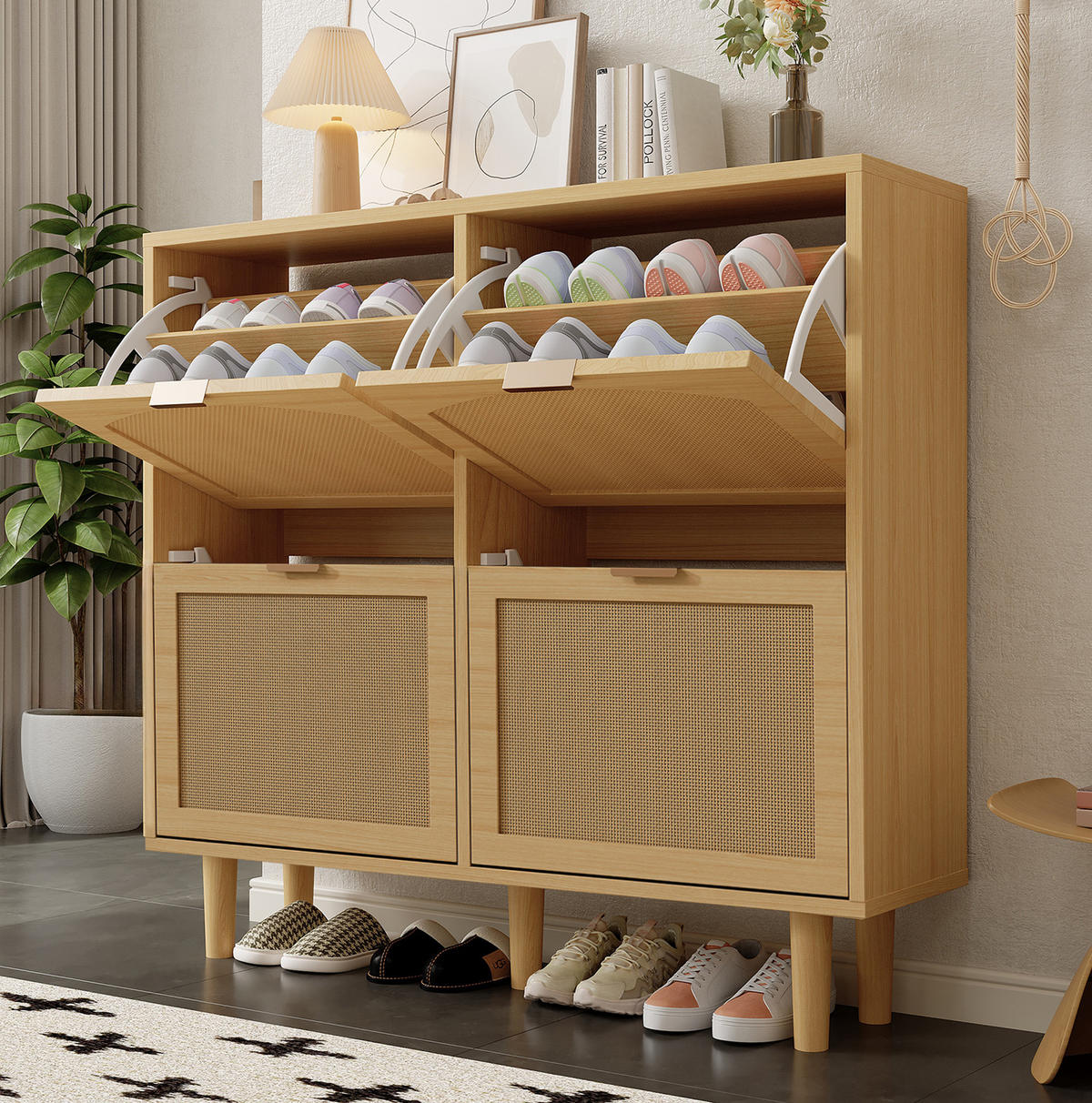 SCHUHSCHRANK 25/100/90 cm mit 4 Klappen und Rattanfronten, platzsparend, Helle Eiche - Naturfarben, Holzwerkstoff (100/90/25cm) - Redom