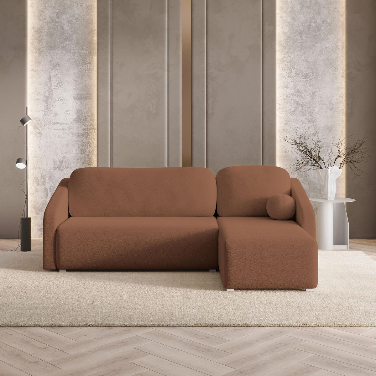 ECKSOFA MARELLO Kupferfarben Boucle-Stoff mit Schlaffunktion - Kupferfarben, Holz (220/143cm) - MASSENO