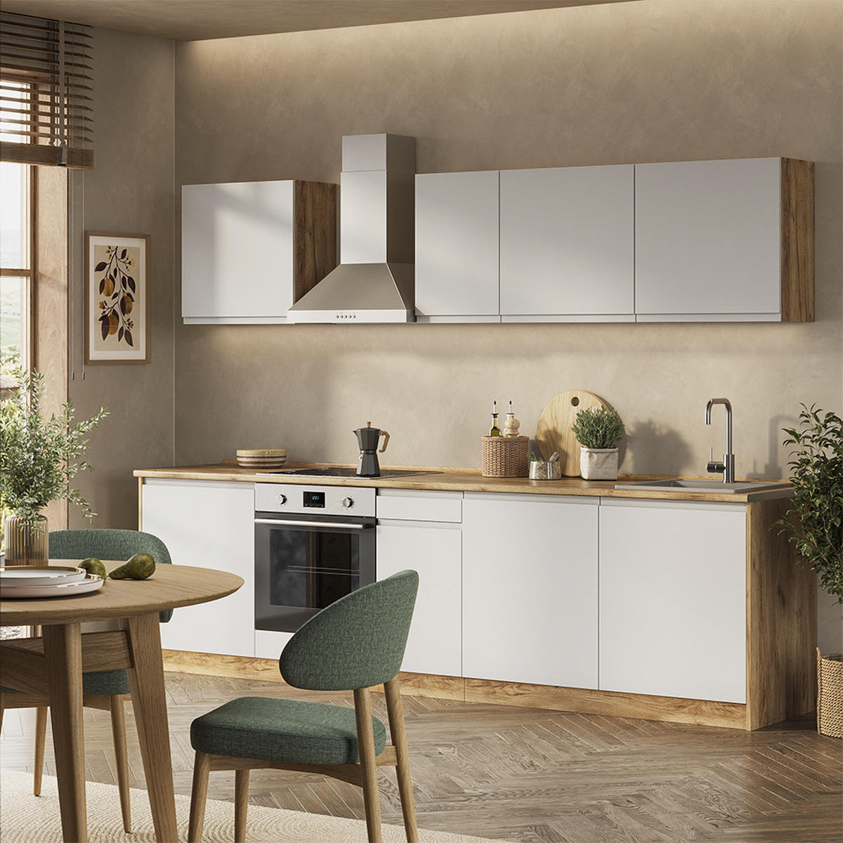 KÜCHENZEILE R-Line, Weiß/Goldkraft Eiche, 280 cm Arbeitsplatte Platin - Eichefarben/Weiß, Holzwerkstoff (280/206.8/60cm) - Vicco