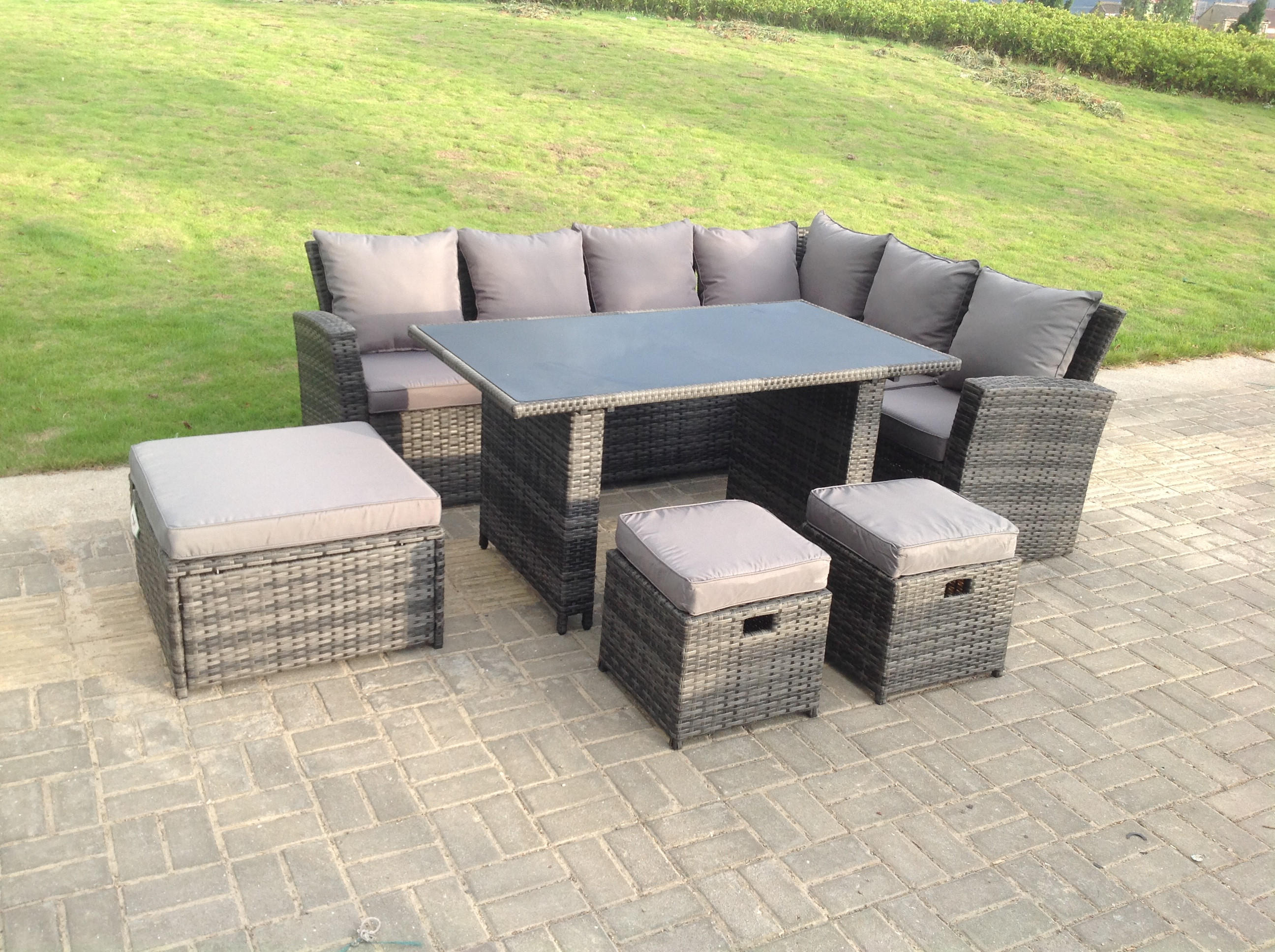 GARTENMÖBEL SET Polyrattan 9-Sitzer - Dunkelgrau/Grau, Glas/Kunststoff - Fimous