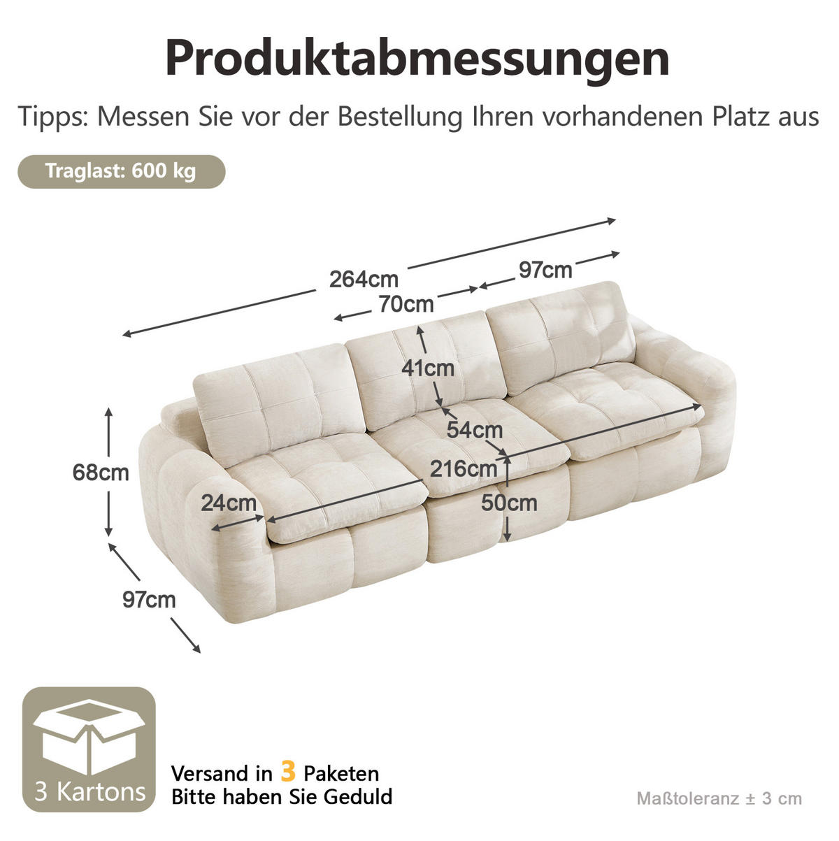 SOFA 264/97/68 cm in Beige aus Chenille mit ergonomischem Komfort - Beige, Textil (97/68/264cm) - Flora Grace