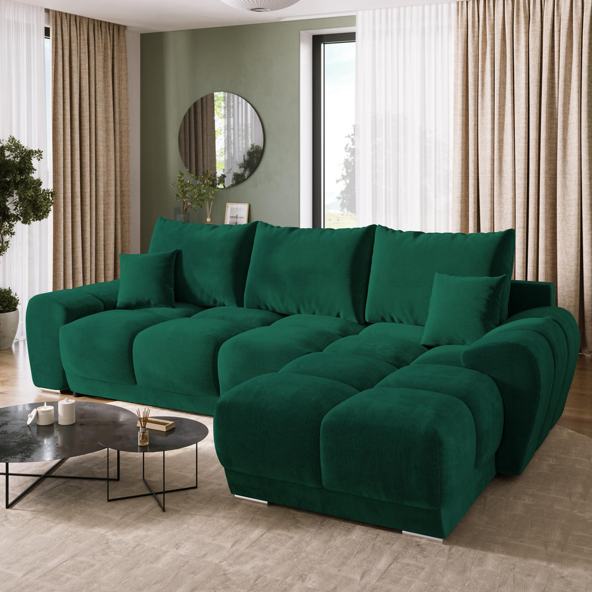 ECKSOFA Nubes mit Schlaffunktion Flaschengrün Plüsch - Dunkelgrün/Gelb, Kunststoff/Textil (290/180cm) - Bromarkt