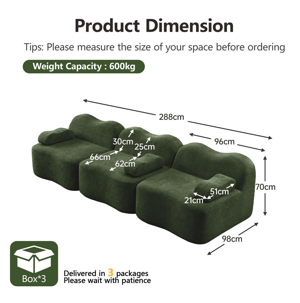 MODULARES 3-Sitzer Sofa mit tiefer Sitzfläche, Wellenform und Samtbezug, Grün - Grün, Textil (288/70/98cm) - Redom